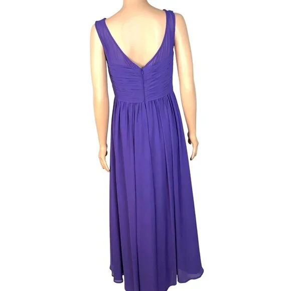 Bill Levkoff Purple Sleeveless Ruched Chiffon Gown With Sheer Neckline & V-Back - Picture 2 of 9